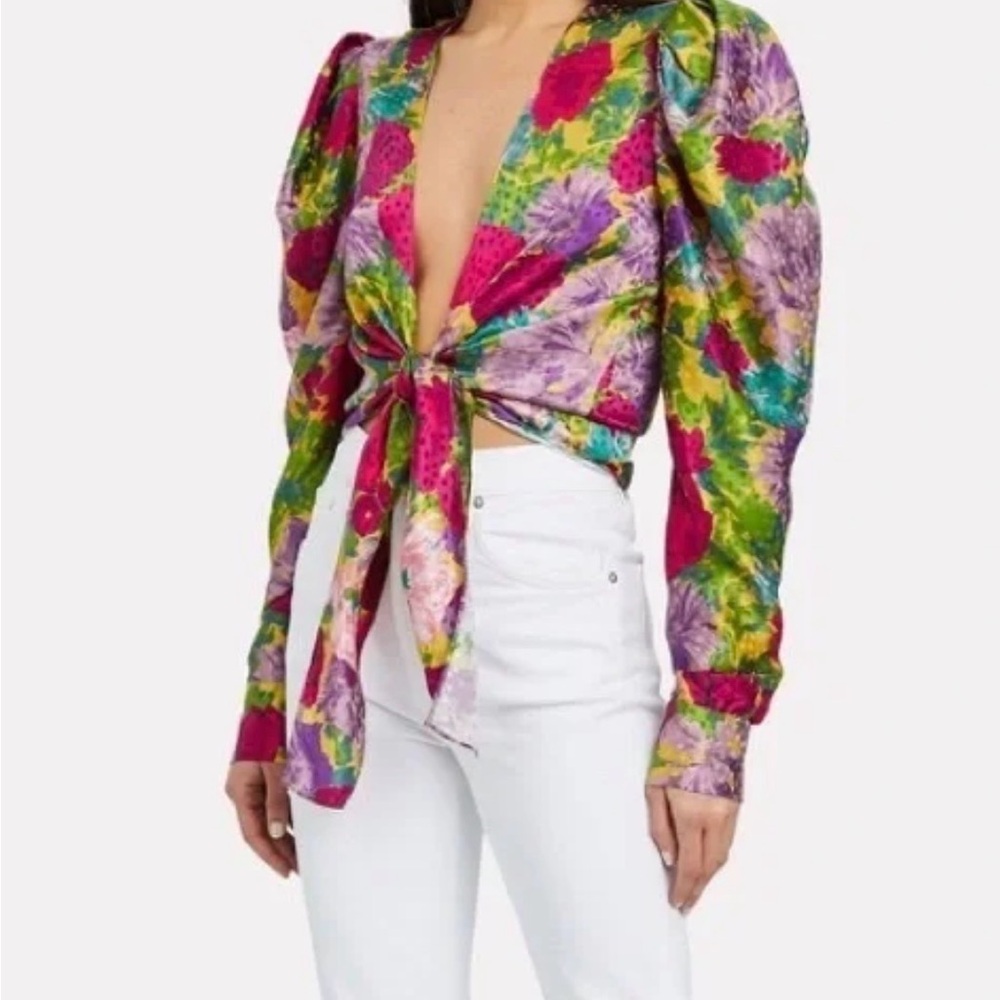 Ronny Kobo Collection Vibrant Floral Tie-Front Blouse